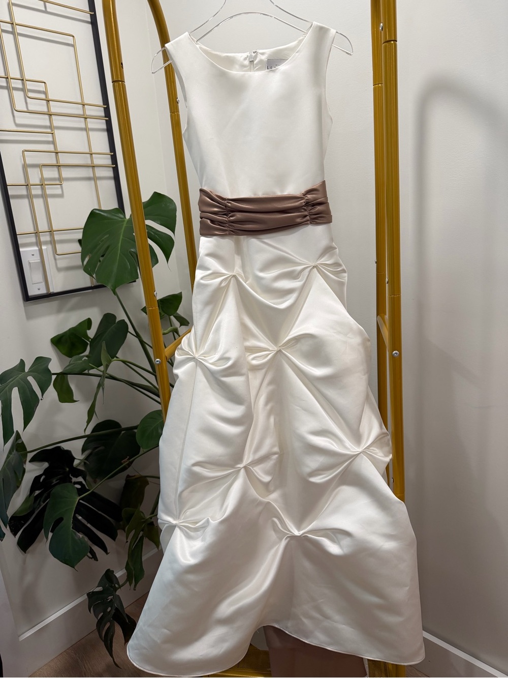 Bill Levkoff Ivory Satin Sleeveless Dress with Brown Sash